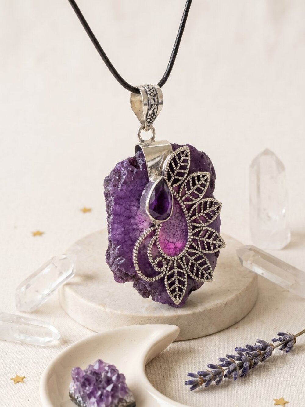 Artisan 925 Sterling Silver Raw Agate Amethyst Leaf Filigree Pendant 2.45" - Picture 12 of 16